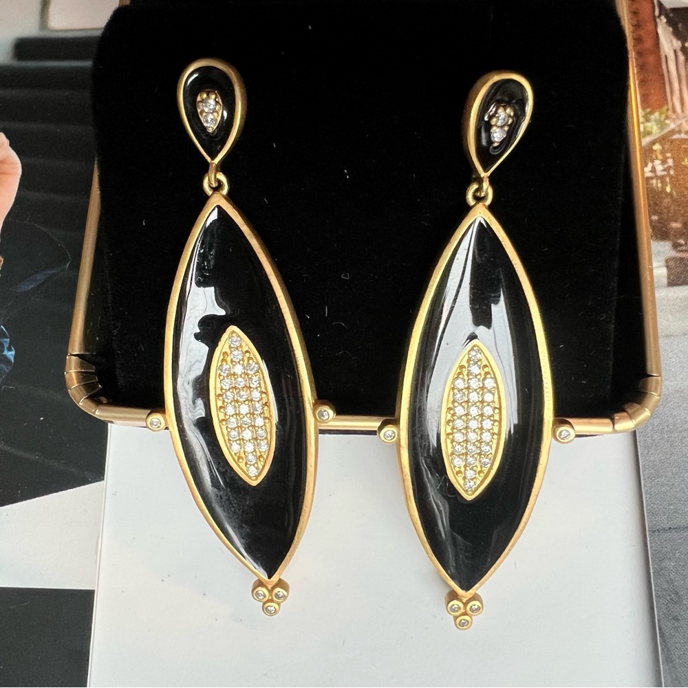 Freida Rothman Black Enamel 18k Gold 925 Silver Drop Earrings